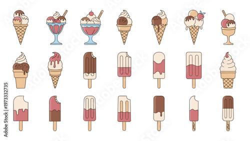 Extensive collection of colorful ice cream cones cups and popsicles in various flavors for summer refreshment.