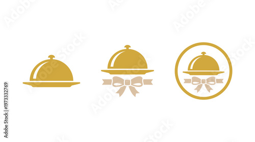 Golden Cloche Food Service Icons with Bows on White Background