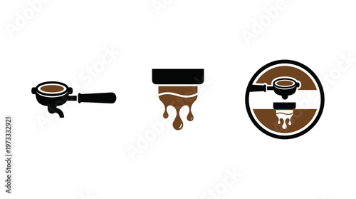 Espresso Machine Icons: Portafilter, Drip Coffee, and Circular Logo