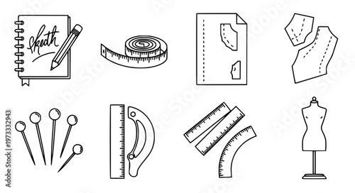 Fashion Design Tools Vector Icons with Sketchbook and Dress Form