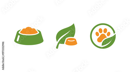 Natural Pet Food Icons: Bowl, Leaf, Paw Print - Healthy Nutrition for Animals
