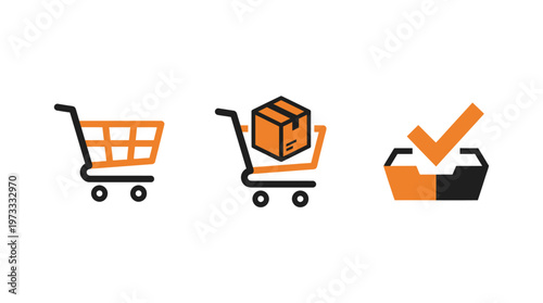 Shopping cart icons: empty, with box, and order confirmation checkmark