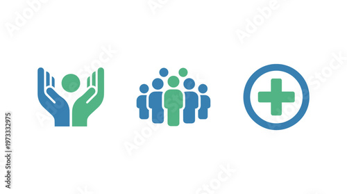 Healthcare icons: hands caring, group of people, medical cross