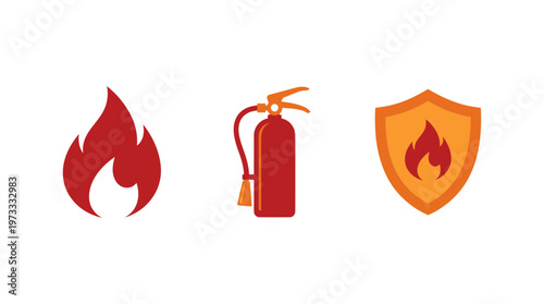 Fire Safety Icons: Flame, Extinguisher, Shield - Protection and Prevention Concept