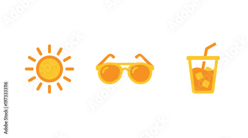 Summer vacation symbols: sun, sunglasses, and refreshing drink icon.