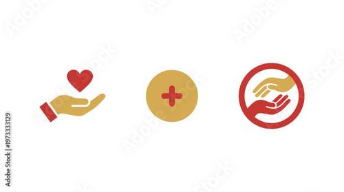 Charity icons: Hand with heart, plus sign, and helping hands in circle