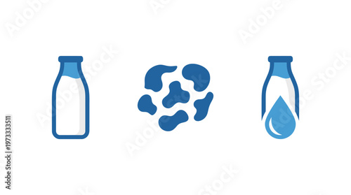 Milk bottle icon, cow spots pattern, and milk drop icon isolated on white background.