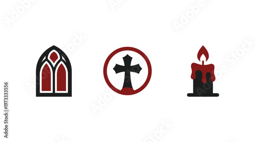 Christianity Symbols: Gothic Window, Cross, and Candle Iconography