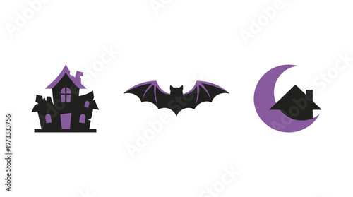 Halloween icons: haunted house, bat, moon with house silhouette on white background