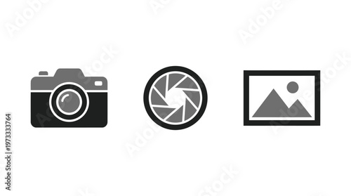 Photography Icons: Camera, Aperture, and Framed Landscape Image