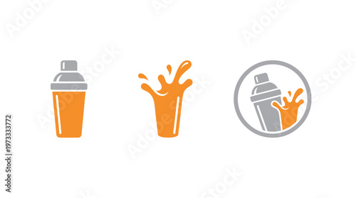 Cocktail shaker icons: static, splashing, and in circle, orange and grey on white