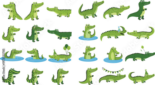 Playful Crocodile Icon Set Featuring Fun Poses, Actions, and Accessories for Kids, Animals, and Nature Designs