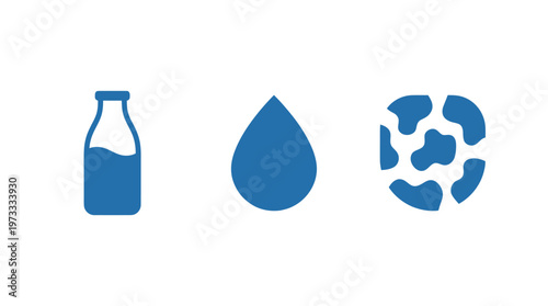 Dairy product icons: milk bottle, water drop, cow pattern