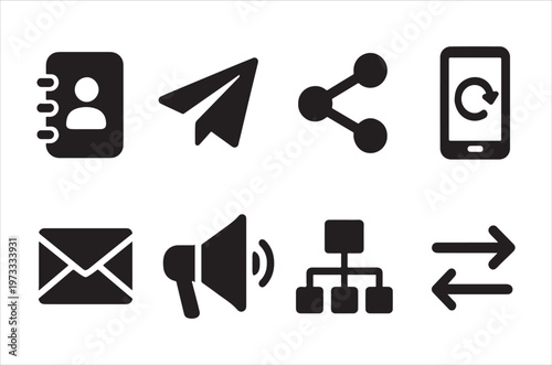 Collection of simple black icons representing communication and media