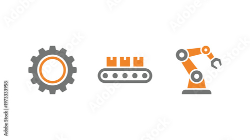 Industry Icons: Gear, Conveyor Belt with Boxes, Robotic Arm
