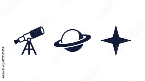Telescope, Planet Saturn, Star Icons - Astronomy and Space Exploration Symbols
