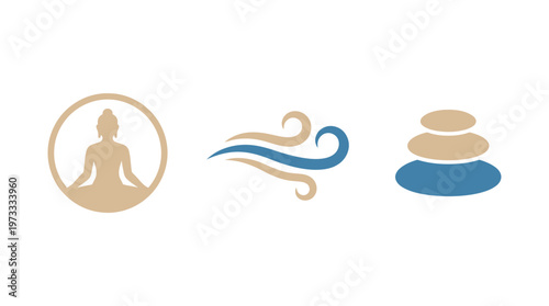 Zen meditation, wind flow, and balanced stones icons for wellness and harmony