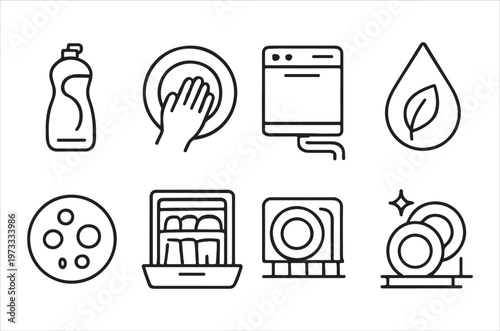 Line art icons representing kitchen cleaning supplies and dishwashing tasks