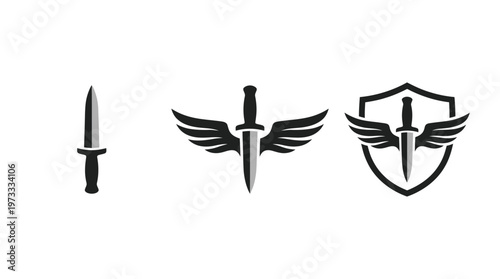 Winged Dagger and Shield Icons: Security, Military, and Protection Symbols