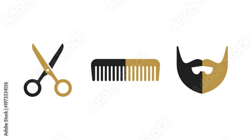 Barber Tools Icons: Scissors, Comb, Beard - Gold and Black Graphic Design