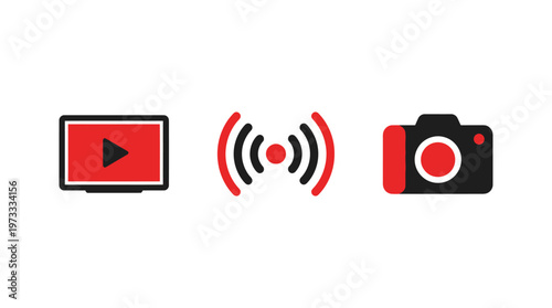 Live Streaming Icons: Monitor, Wi-Fi Signal, Camera - Technology and Broadcasting Concept