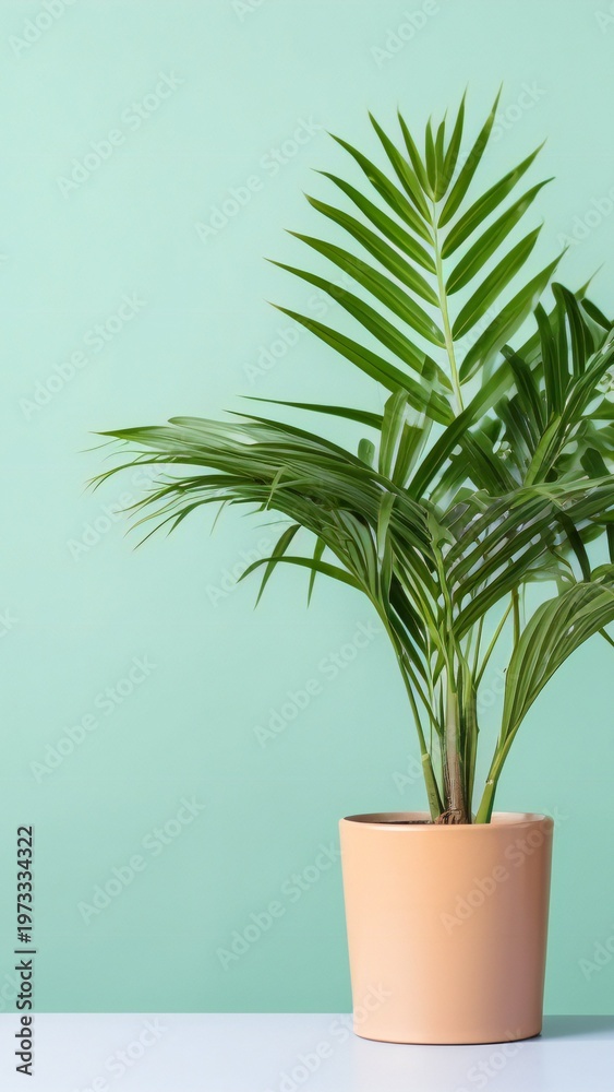 Fototapeta premium Minimalist houseplant Areca palm in a peach pot against a mint green background, modern interior decor.