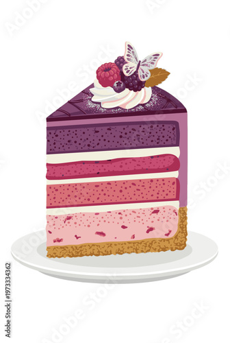 Isolated on white background. Vector illustration of a berry ombre layer cake slice with purple glaze and fresh fruit topping