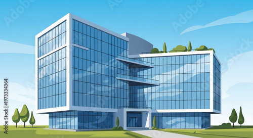 Modern office building with blue glass facade and green rooftop garden in sunny day with blue sky