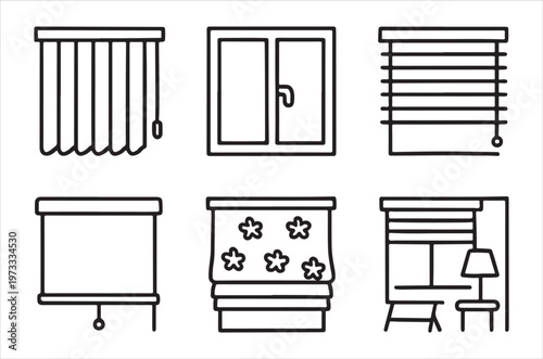 Line art illustrations of various window types and coverings