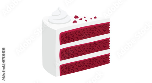 Isolated on white background.  Vector illustration of a red velvet layer cake slice with cream cheese frosting and cake crumb garnish