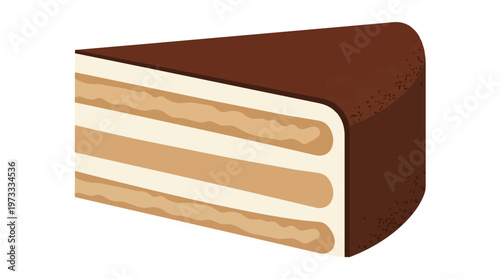 Isolated on white background.  Vector illustration of a tiramisu cake slice with espresso soaked layers and cocoa powder topping