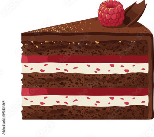 Isolated on white background. Vector illustration of a chocolate raspberry layer cake slice with dark ganache and fresh raspberry garnish