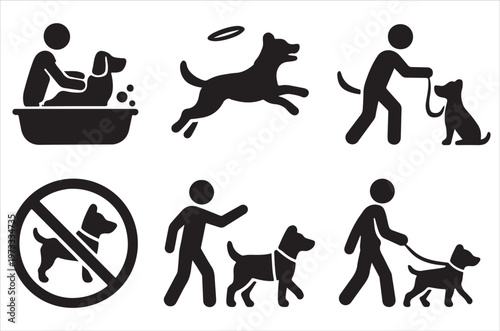 Dog care and restrictions a set of simple black silhouette icons