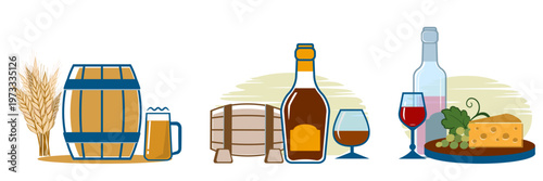 Set of wine, brandy and beer bottles and glasses. Vector illustration.