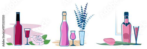 Dolce vita, wine and coctails time. Set of wine bottles, glasses and flowers. Vector illustration.