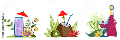 Dolce vita, wine and tropical coctails. Vector illustration.