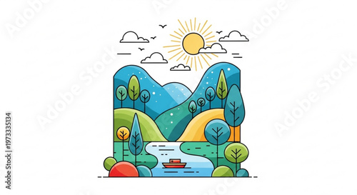 Serene landscape with rolling hills trees and a river featuring a boat under a sunny sky with clouds and birds flying overhead in a peaceful natural setting