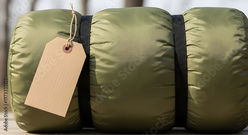 A tightly rolled green sleeping bag with black straps and a blank brown paper tag attached, ready for camping.