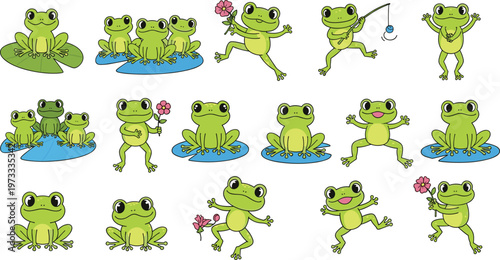 Cute Frog Icon Set Featuring Playful Poses, Actions, and Accessories for Nature, Animal, and Kids Designs