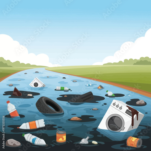 Polluted River with Floating Debris and Waste