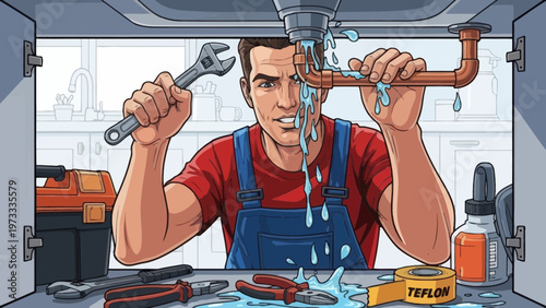Plumber Fixes Leaky Pipe with Wrench and Tools
