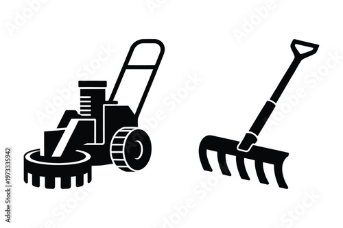 Lawn mower and rake silhouette icons