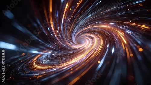 Sci-fi spiral vortex with orange and blue light rays in space
