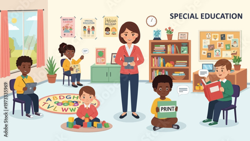 Special education classroom with diverse children and teacher