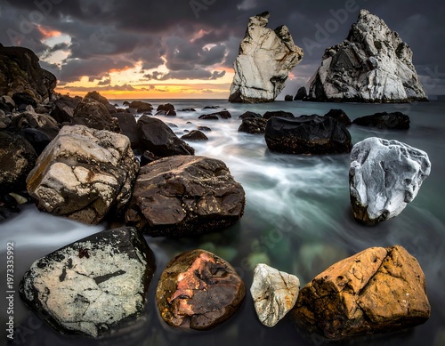 A dramatic seascape featuring rocks in the foreground, with a rocky coastline under a cloudy sky at sunset
