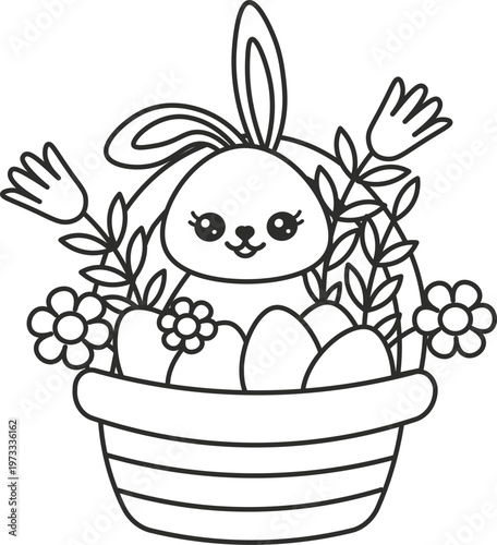 Cute Easter bunny in wicker basket with eggs and assorted flowers on white background, perfect for greeting cards and coloring books. Print with rabbit in Easter basket. Happy Easter..