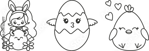 Set of Easter illustrations featuring girl with cute egg, chick in eggshell, and cheerful chick with hearts on white background, drawn in kawaii style with single line. 