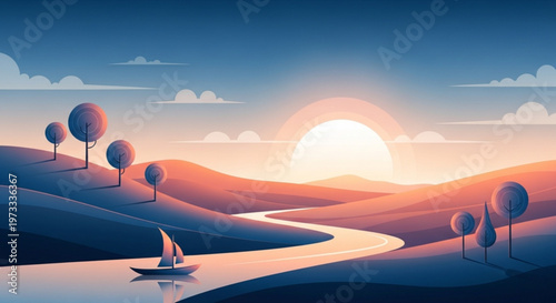 Serene landscape with sailboat on winding river at sunset surrounded by hills and trees under a vibrant sky