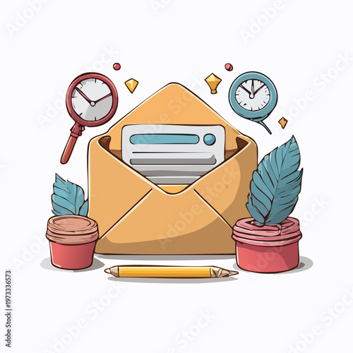 Envelope with paper and office supplies.