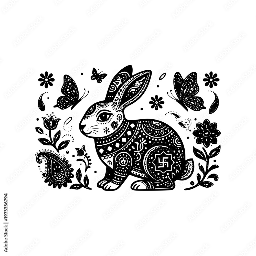 Fototapeta premium Decorative Easter bunny rabbit with intricate folk art patterns, floral paisley ornaments and butterflies, traditional ethnic animal silhouette vector illustration.